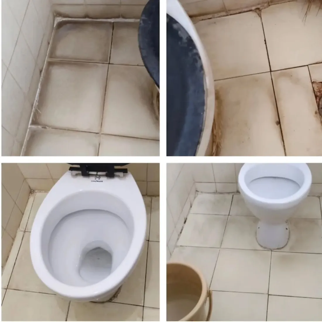 Bathroom before cleaning with stained tiles, and after cleaning shining white